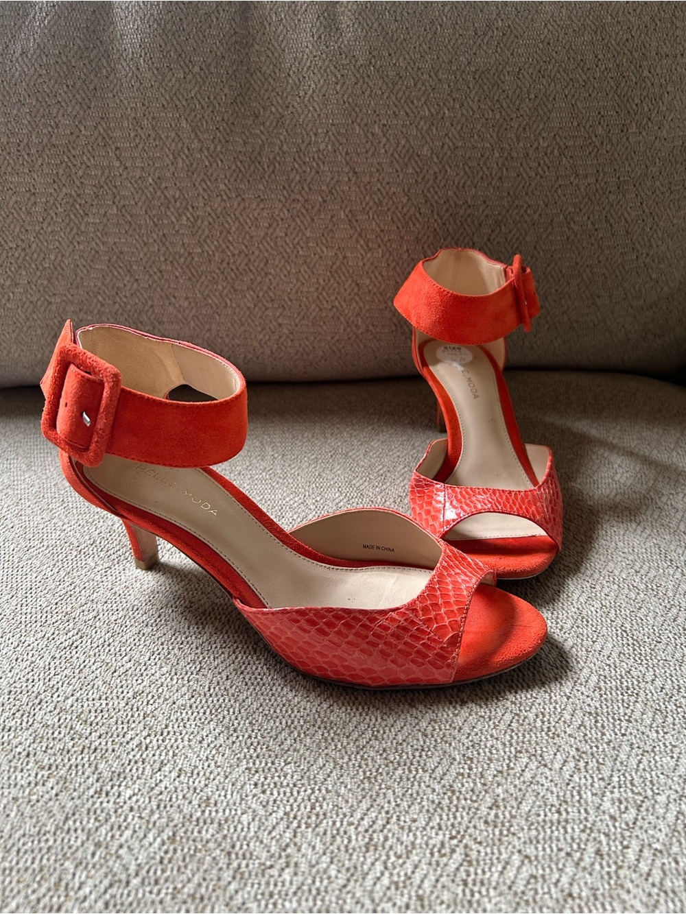Pelle Moda Orange Ankle-Strap Sandals Snakeskin Front Suede Back Kitten Heels